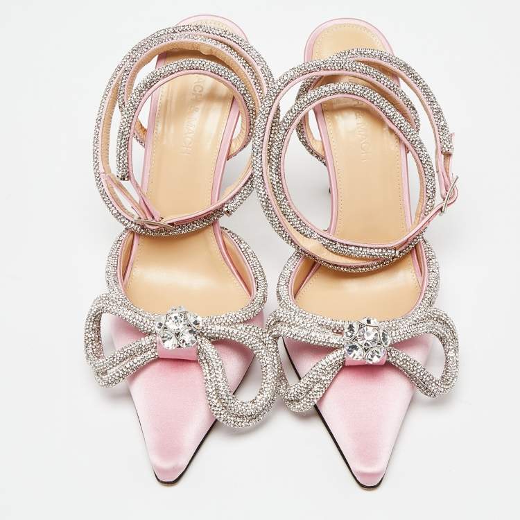 Pre Owned Mach & Mach Pink Satin Crystal Embellished Double Bow Pumps Size 37