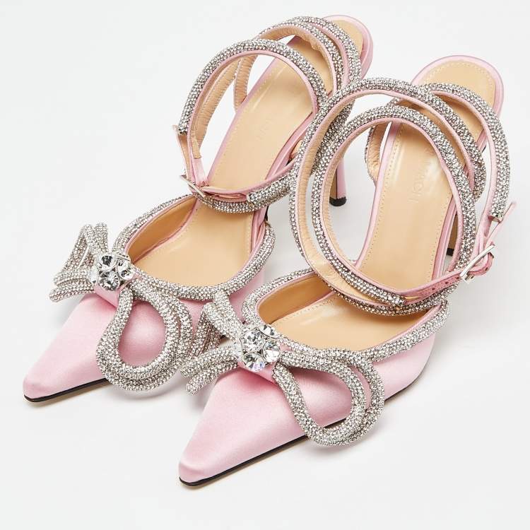 Pre Owned Mach & Mach Pink Satin Crystal Embellished Double Bow Pumps Size 37
