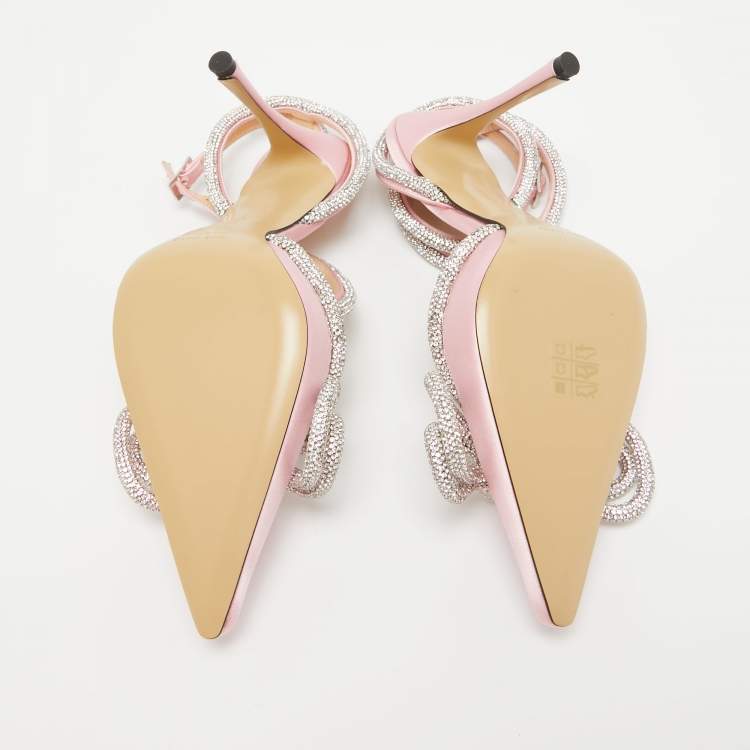 Pre Owned Mach & Mach Pink Satin Crystal Embellished Double Bow Pumps Size 37