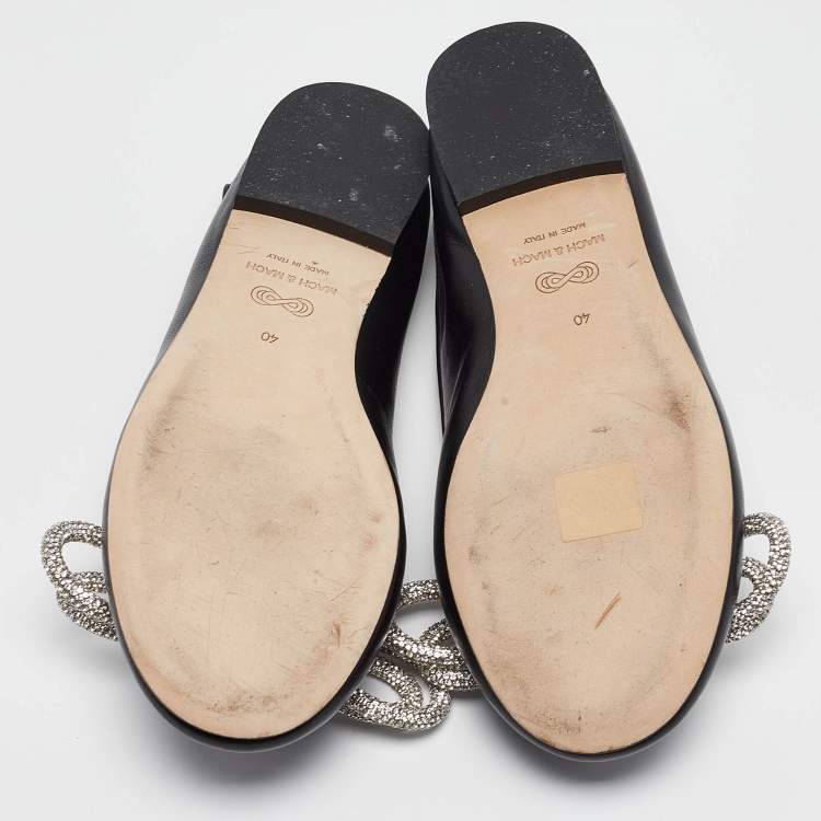 Pre Owned Mach & Mach Black Leather Double Bow Crystal Embellished Ballet Flats Size 40