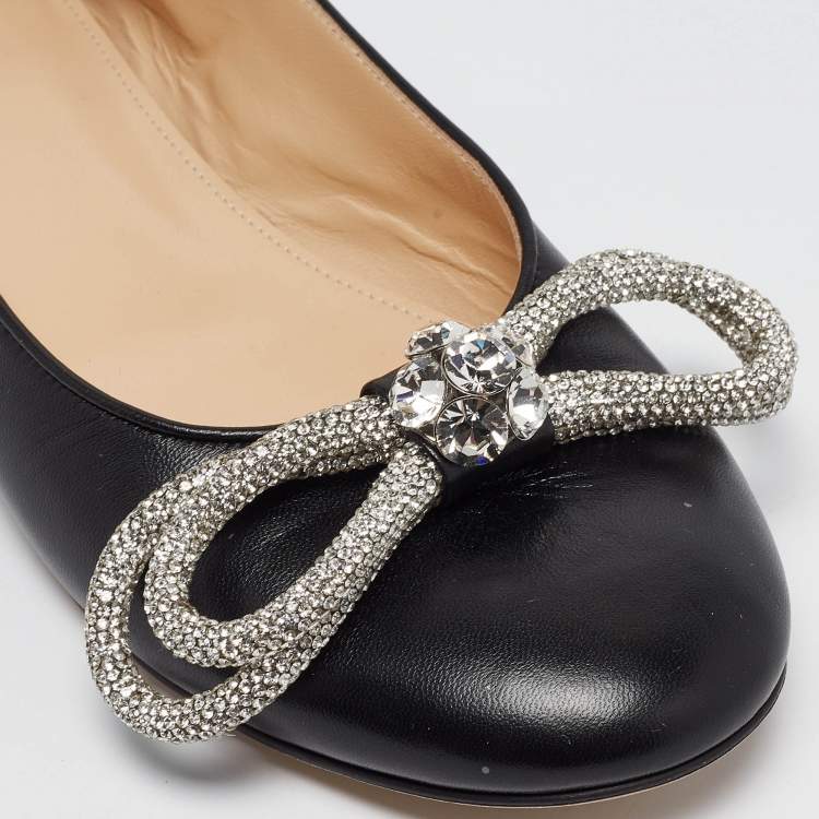 Pre Owned Mach & Mach Black Leather Double Bow Crystal Embellished Ballet Flats Size 40