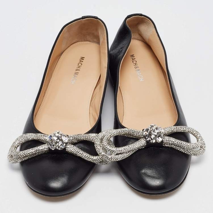 Pre Owned Mach & Mach Black Leather Double Bow Crystal Embellished Ballet Flats Size 40