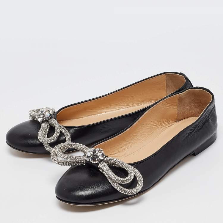 Pre Owned Mach & Mach Black Leather Double Bow Crystal Embellished Ballet Flats Size 40