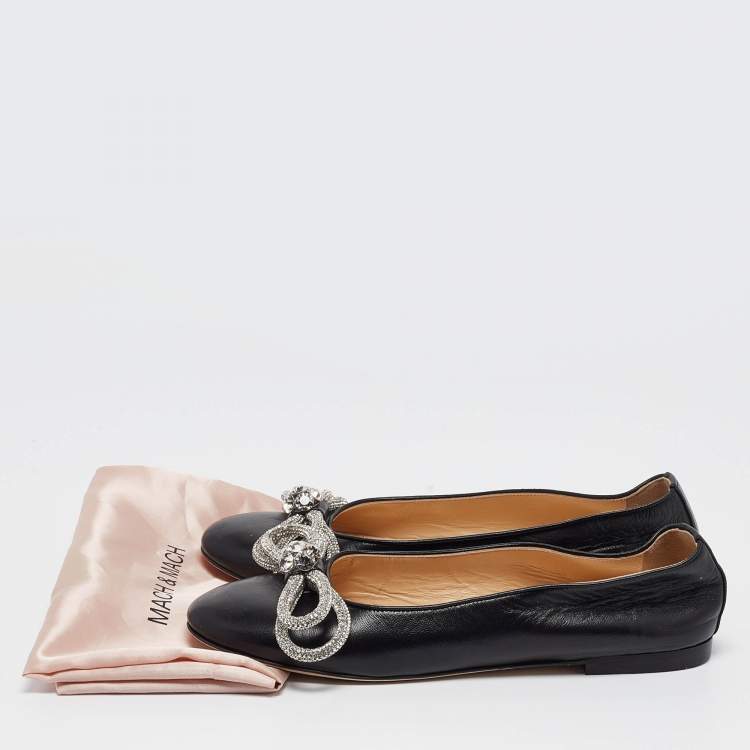 Pre Owned Mach & Mach Black Leather Double Bow Crystal Embellished Ballet Flats Size 40