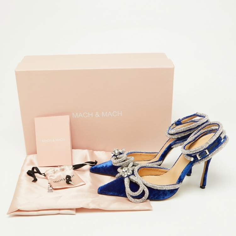 Pre Owned Mach & Mach Blue Velvet Crystal Embellished Bow Ankle Wrap Pointed Toe Pumps Size 36