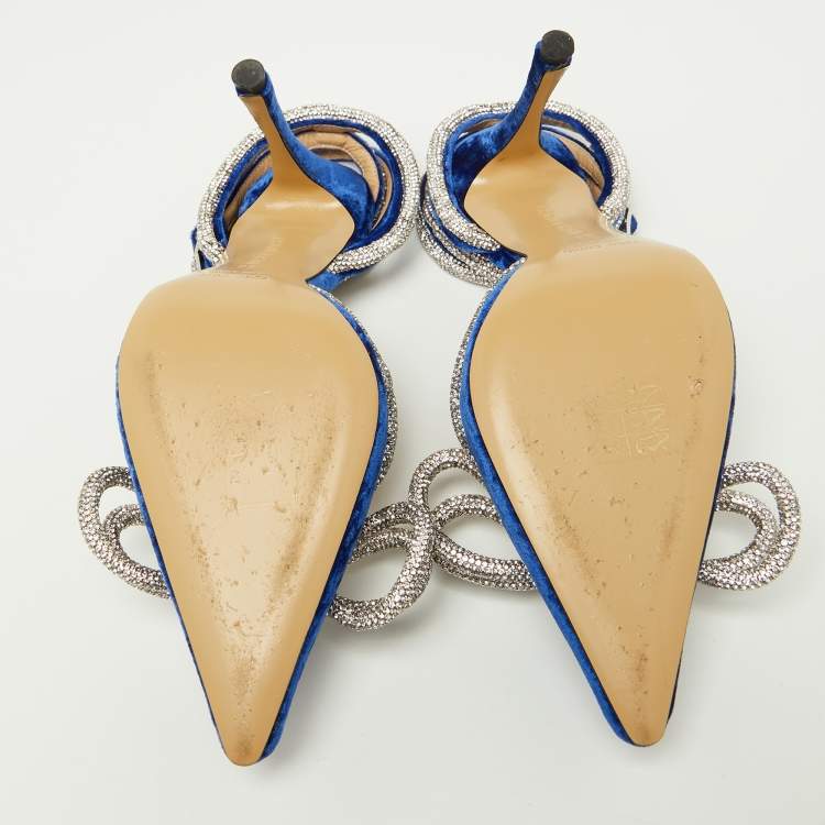 Pre Owned Mach & Mach Blue Velvet Crystal Embellished Bow Ankle Wrap Pointed Toe Pumps Size 36