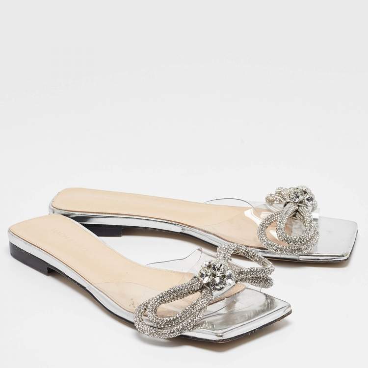 Pre Owned Mach & Mach Transparent PVC Crystal Embellished Double Bow Flat Slides Size 37