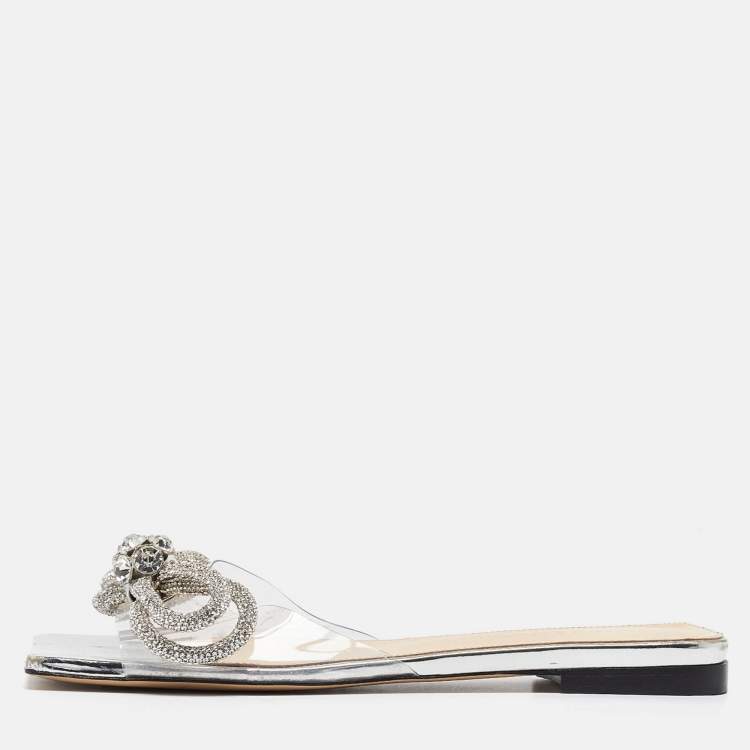 Pre Owned Mach & Mach Transparent PVC Crystal Embellished Double Bow Flat Slides Size 37