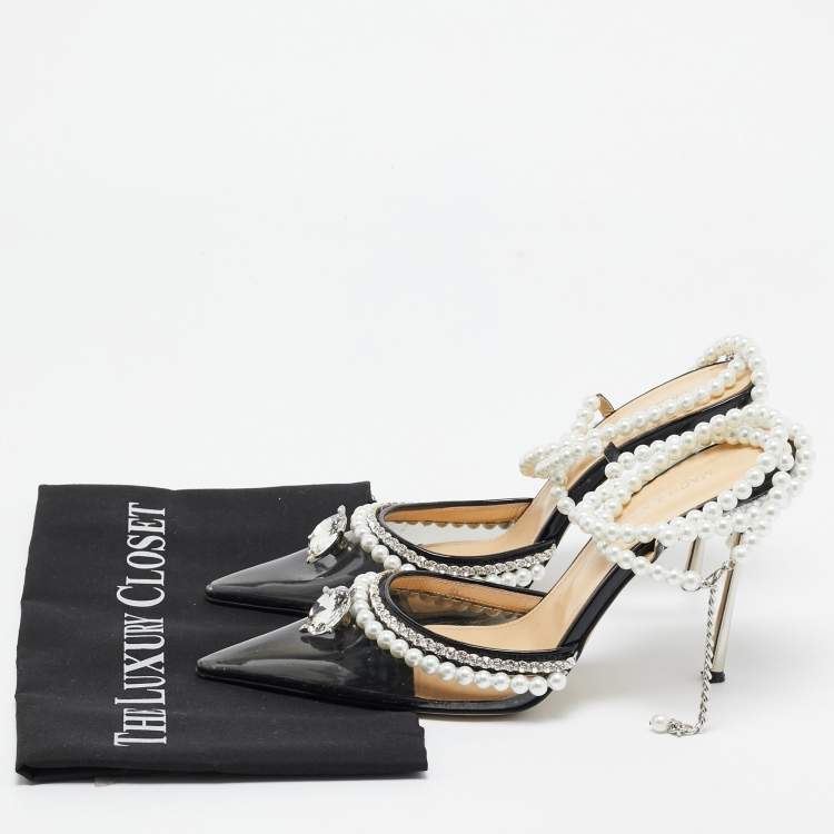 Pre Owned Mach & Mach Black PVC Diamond of Elizabeth Imitation Pearl Pumps Size 39.5