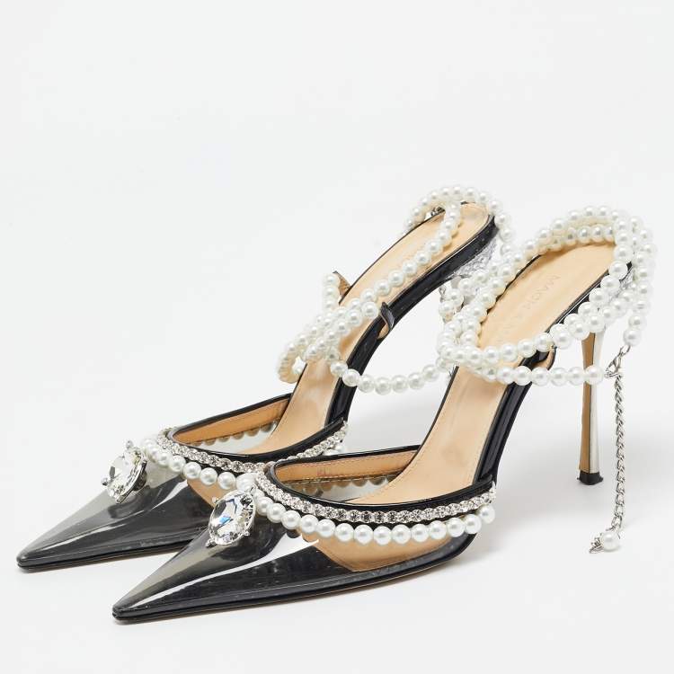 Pre Owned Mach & Mach Black PVC Diamond of Elizabeth Imitation Pearl Pumps Size 39.5
