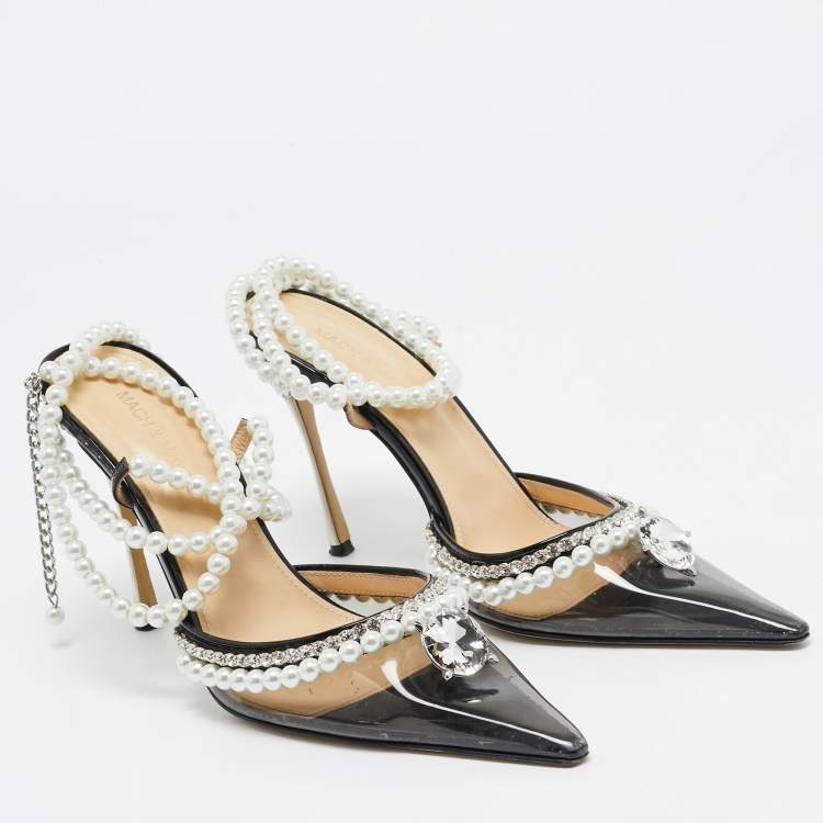 Pre Owned Mach & Mach Black PVC Diamond of Elizabeth Imitation Pearl Pumps Size 39.5