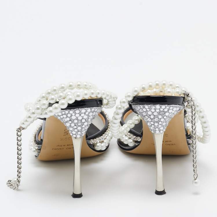 Pre Owned Mach & Mach Black PVC Diamond of Elizabeth Imitation Pearl Pumps Size 39.5