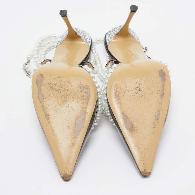 Pre Owned Mach & Mach Black PVC Diamond of Elizabeth Imitation Pearl Pumps Size 39.5