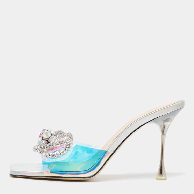 Pre Owned Mach & Mach Iridescent PVC Crystal Embellished Slide Sandals Size 40