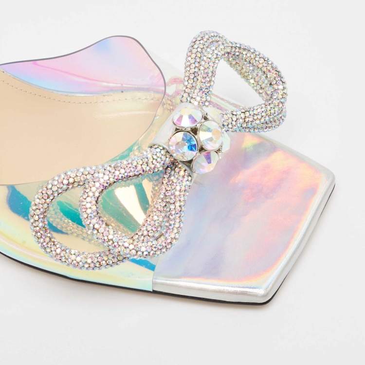Pre Owned Mach & Mach Iridescent PVC Crystal Embellished Slide Sandals Size 40