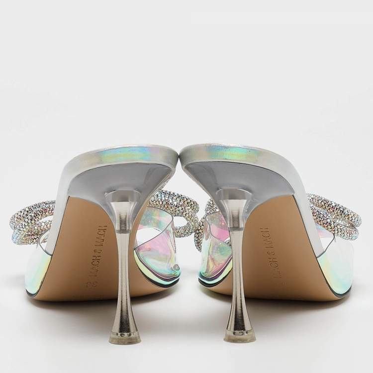 Pre Owned Mach & Mach Transparent Iridescent PVC Crystal Embellished Double Bow Slide Sandals Size 38