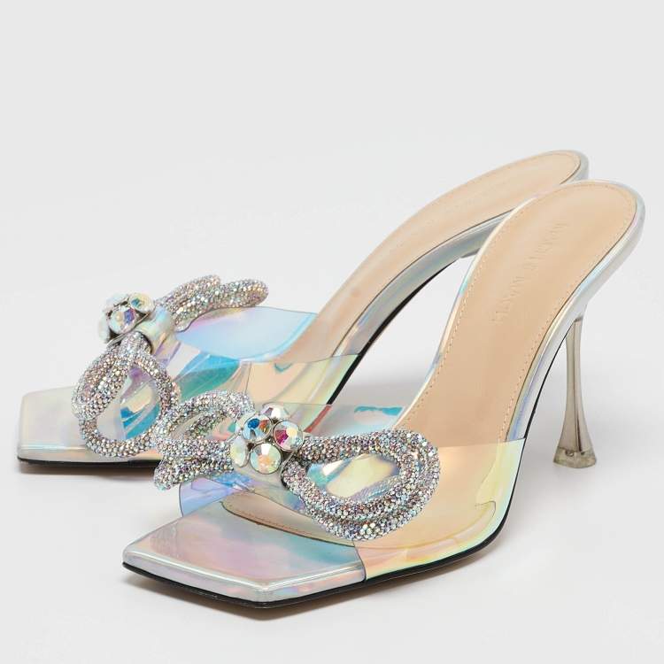 Pre Owned Mach & Mach Transparent Iridescent PVC Crystal Embellished Double Bow Slide Sandals Size 38