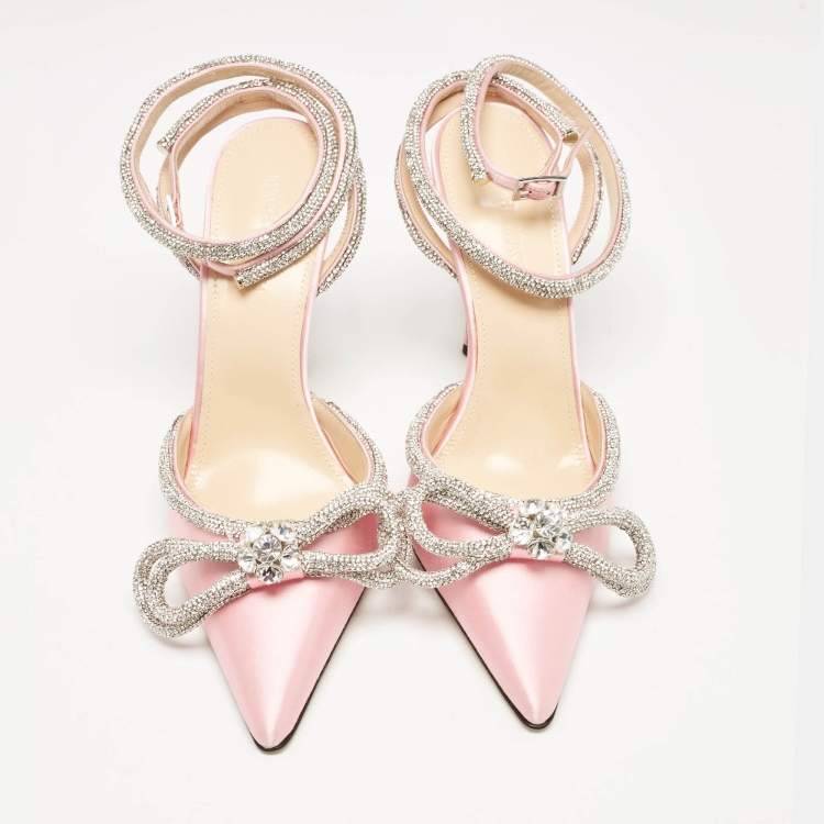 Pre Owned Mach & Mach Pink Satin Crystal Embellished Double Bow Pumps Size 40