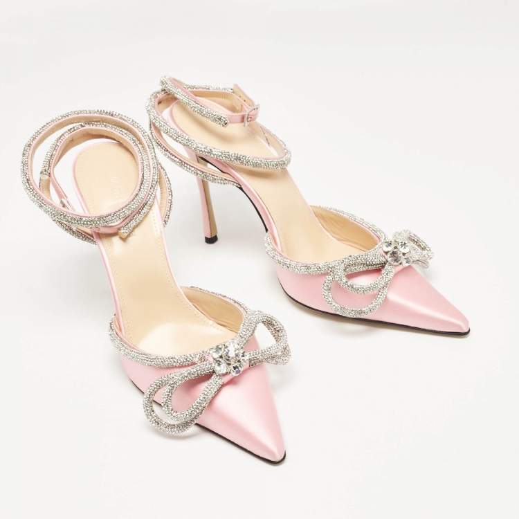 Pre Owned Mach & Mach Pink Satin Crystal Embellished Double Bow Pumps Size 40