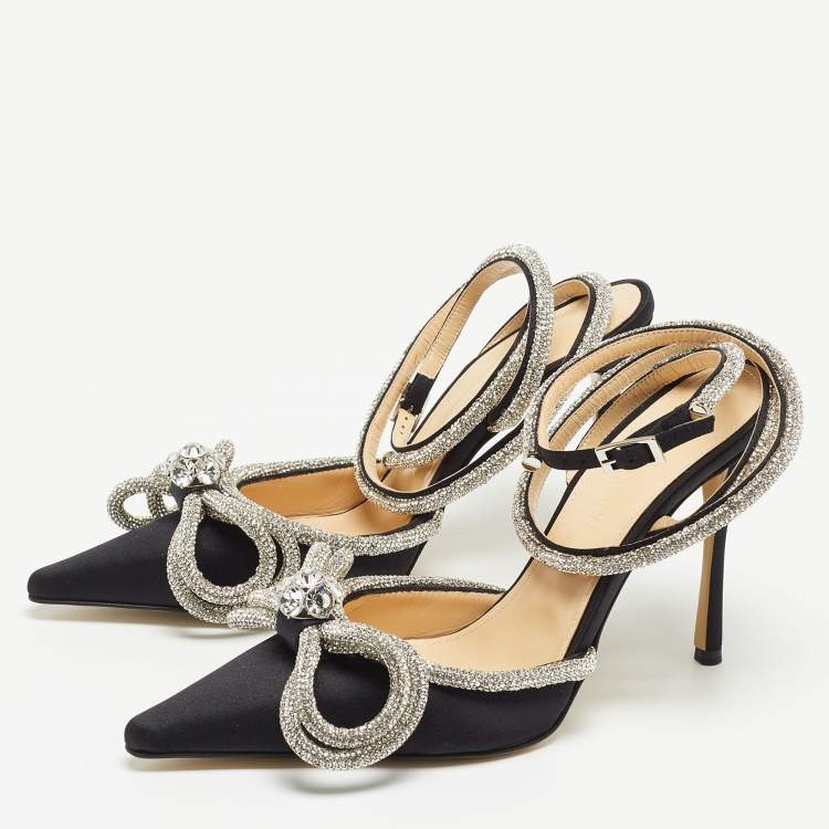 Pre Owned Mach & Mach Black Satin Crystal Embellished Bow Ankle Wrap Pointed Toe Pumps Size 42