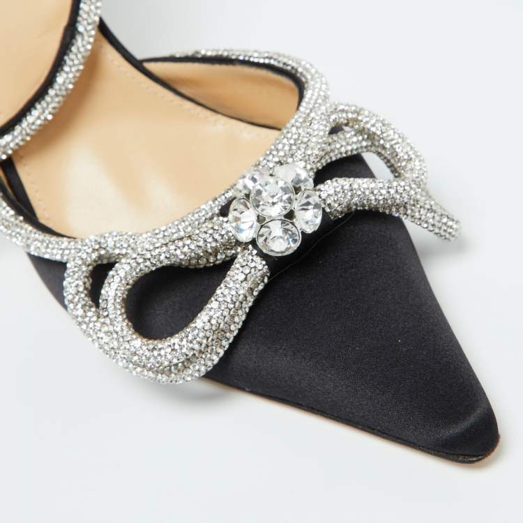 Pre Owned Mach & Mach Black Satin Crystal Embellished Bow Ankle Wrap Pointed Toe Pumps Size 42