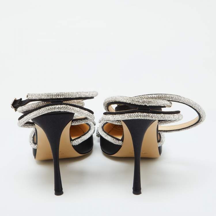 Pre Owned Mach & Mach Black Satin Crystal Embellished Bow Ankle Wrap Pointed Toe Pumps Size 42