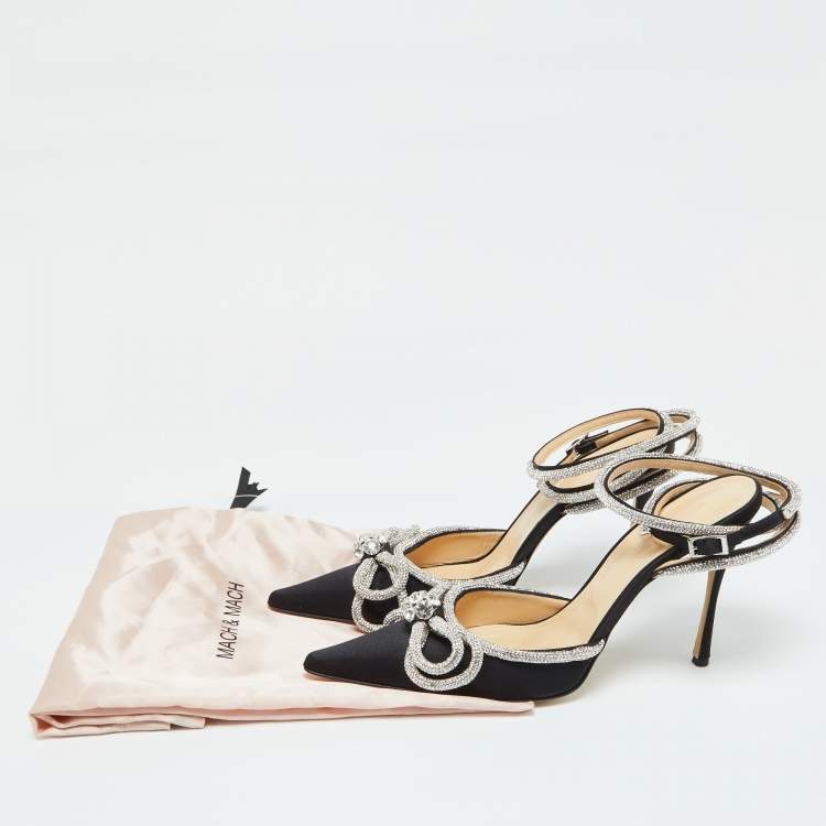 Pre Owned Mach & Mach Black Satin Crystal Embellished Bow Ankle Wrap Pointed Toe Pumps Size 42