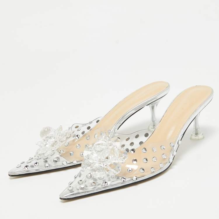 Pre Owned Mach & Mach Transparent PVC Crystal Embellished Mules Size 38.5