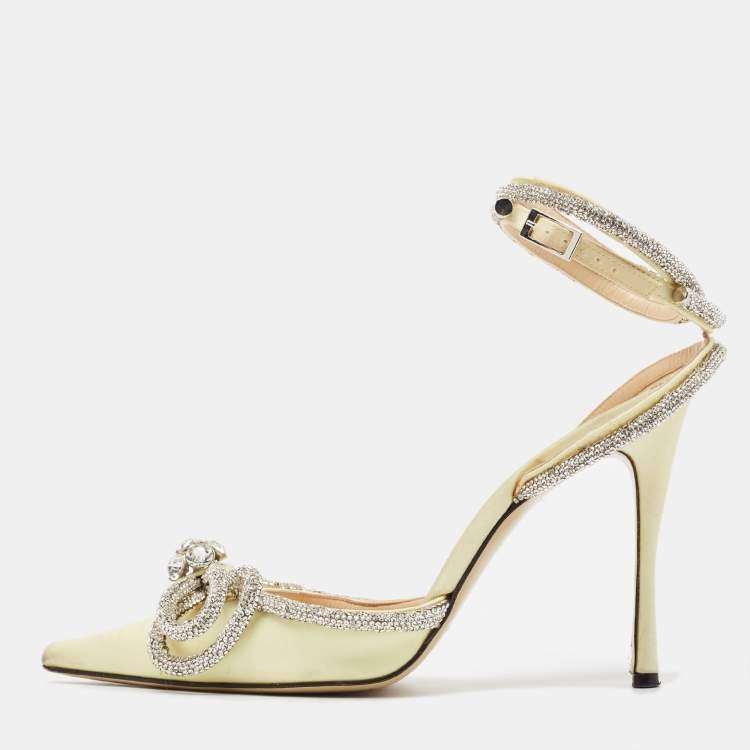 Pre Owned Mach & Mach Light Yellow Satin Double Bow Crystals Ankle Strap Pumps Size 37.5