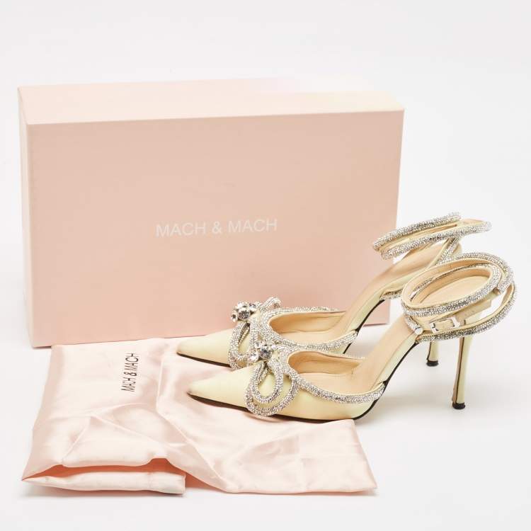 Pre Owned Mach & Mach Light Yellow Satin Double Bow Crystals Ankle Strap Pumps Size 37.5