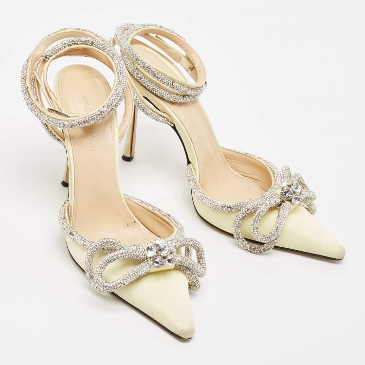 Pre Owned Mach & Mach Light Yellow Satin Double Bow Crystals Ankle Strap Pumps Size 37.5