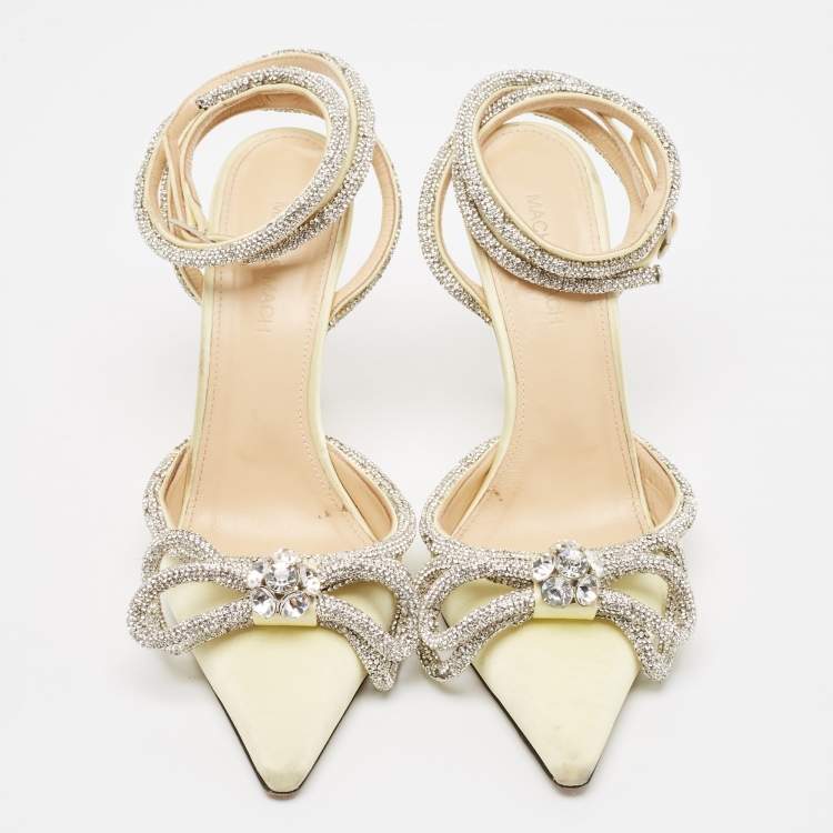 Pre Owned Mach & Mach Light Yellow Satin Double Bow Crystals Ankle Strap Pumps Size 37.5