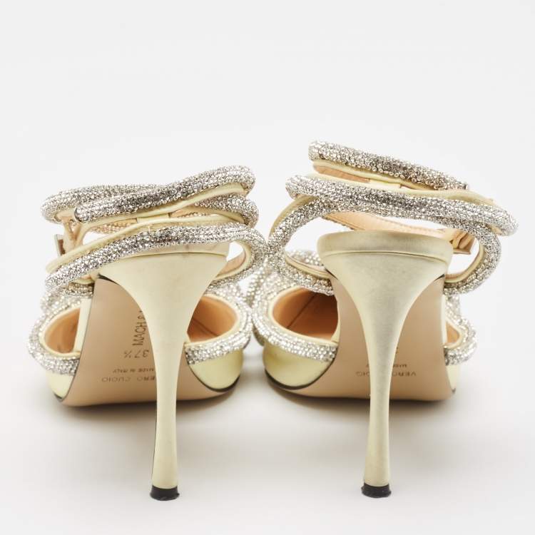 Pre Owned Mach & Mach Light Yellow Satin Double Bow Crystals Ankle Strap Pumps Size 37.5