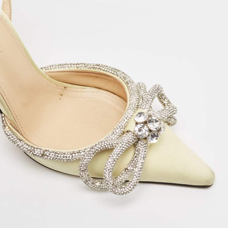 Pre Owned Mach & Mach Light Yellow Satin Double Bow Crystals Ankle Strap Pumps Size 37.5