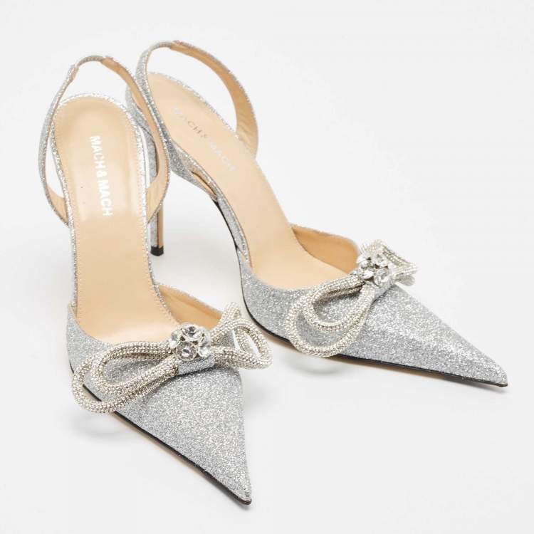 Pre Owned Mach & Mach Silver Glitter Double Bow Pumps Size 39