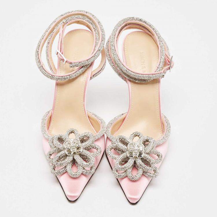 Pre Owned Mach & Mach Pink Satin Crystal Embellished Double Bow Pumps Size 40