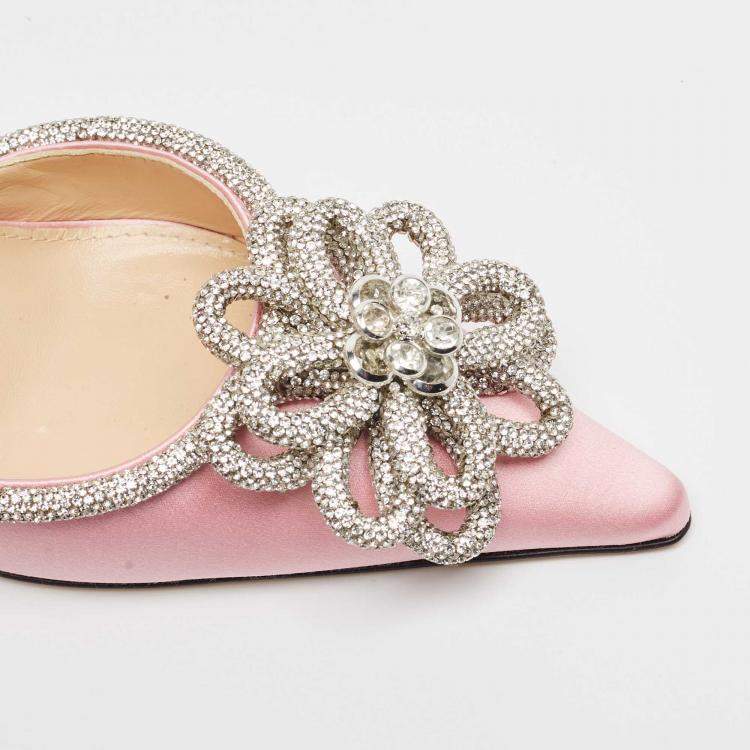 Pre Owned Mach & Mach Pink Satin Crystal Embellished Double Bow Pumps Size 40