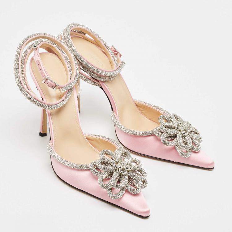 Pre Owned Mach & Mach Pink Satin Crystal Embellished Double Bow Pumps Size 40
