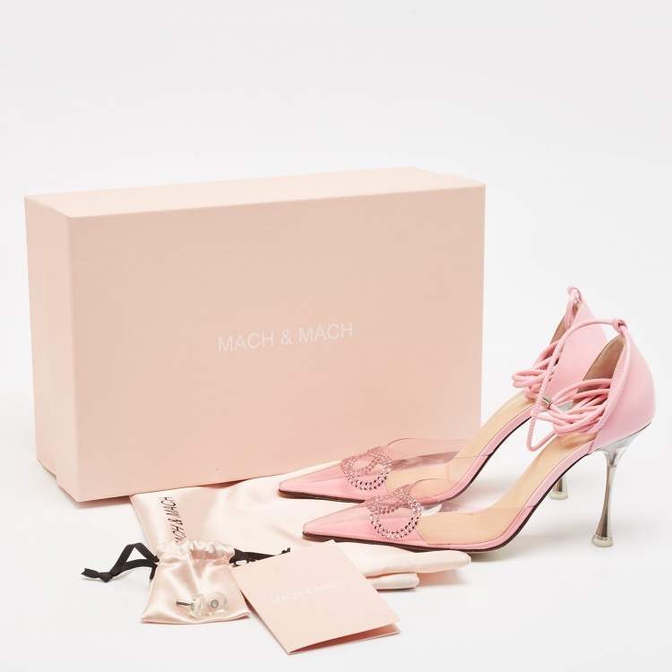 Pre Owned Mach & Mach Pink Leather and PVC Crystal Embellished Bow Ankle Wrap Sandals Size 37