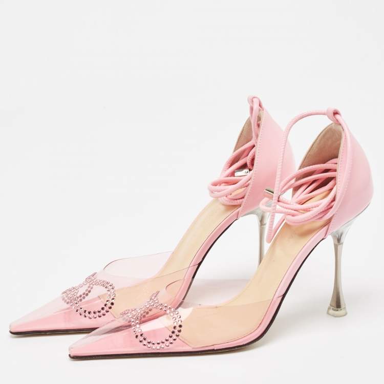 Pre Owned Mach & Mach Pink Leather and PVC Crystal Embellished Bow Ankle Wrap Sandals Size 37