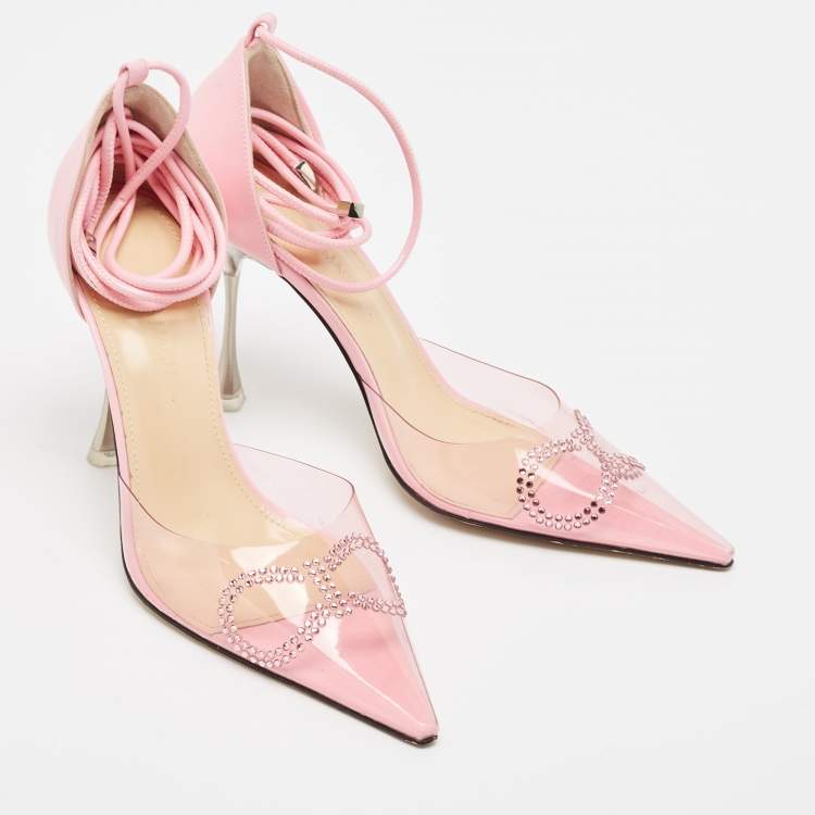 Pre Owned Mach & Mach Pink Leather and PVC Crystal Embellished Bow Ankle Wrap Sandals Size 37