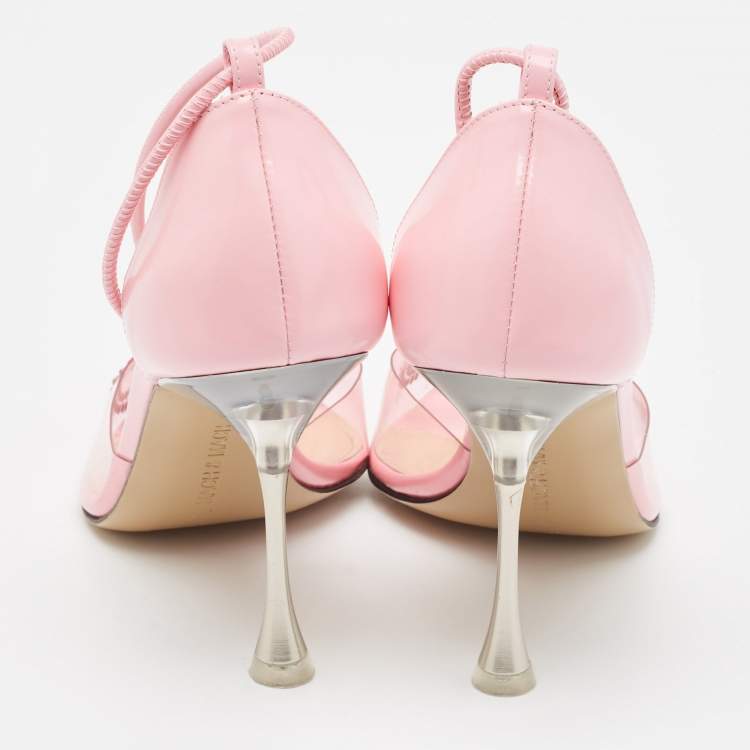 Pre Owned Mach & Mach Pink Leather and PVC Crystal Embellished Bow Ankle Wrap Sandals Size 37