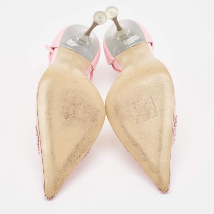Pre Owned Mach & Mach Pink Leather and PVC Crystal Embellished Bow Ankle Wrap Sandals Size 37