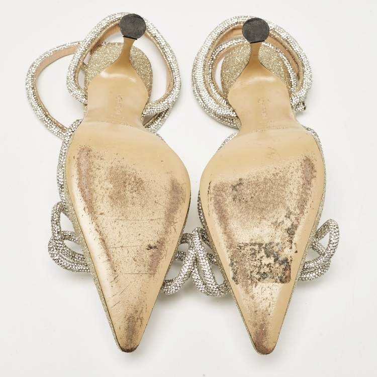 Pre Owned Mach & Mach Gold Glitter Crystal Embellished Double Bow Pumps Size 37.5