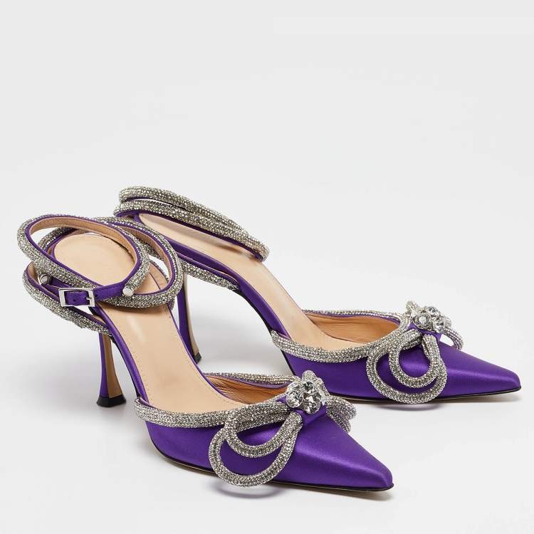 Pre Owned Mach & Mach Purple Satin Crystal Embellished Double Bow Pumps Size 38.5