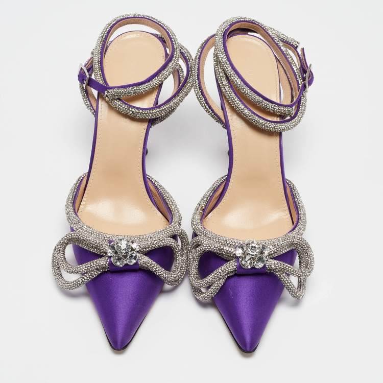 Pre Owned Mach & Mach Purple Satin Crystal Embellished Double Bow Pumps Size 38.5