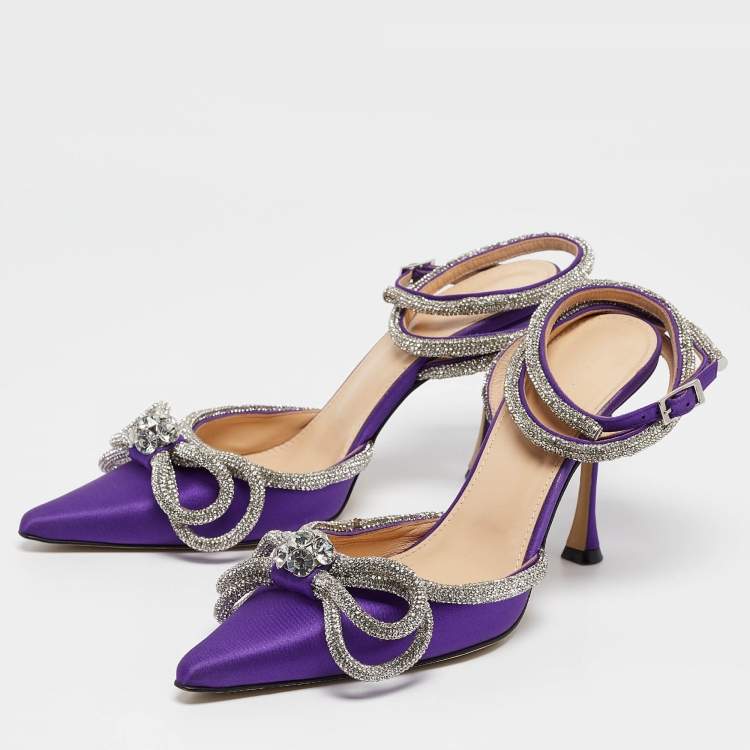 Pre Owned Mach & Mach Purple Satin Crystal Embellished Double Bow Pumps Size 38.5