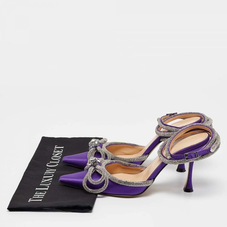 Pre Owned Mach & Mach Purple Satin Crystal Embellished Double Bow Pumps Size 38.5