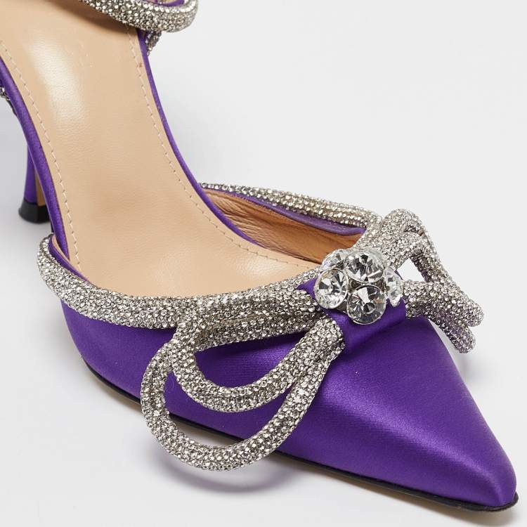 Pre Owned Mach & Mach Purple Satin Crystal Embellished Double Bow Pumps Size 38.5