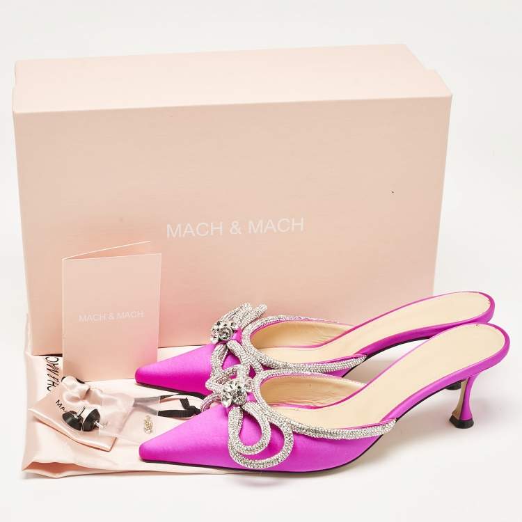 Pre Owned Mach & Mach Fuschia Satin Crystal Embellished Double Bow Mules Size 39